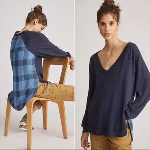 ANTHROPOLOGIE Pilcro Tunic Top Mixed Materials Plaid Vneck Blue
